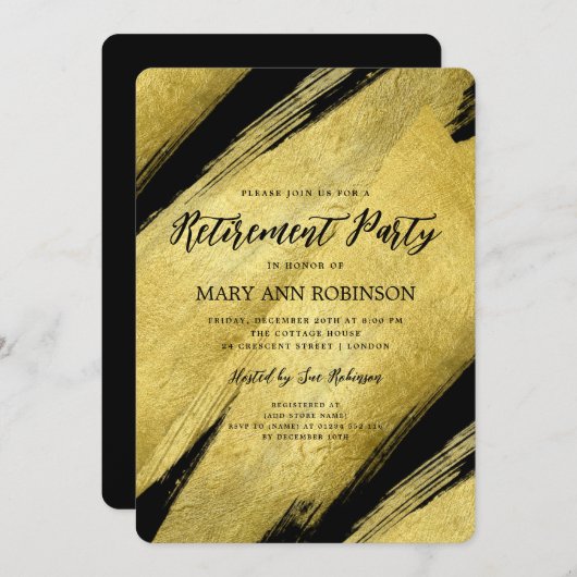 Elegant Script Gold Brush Retirement Party Kaart (Voorkant / Achterkant)