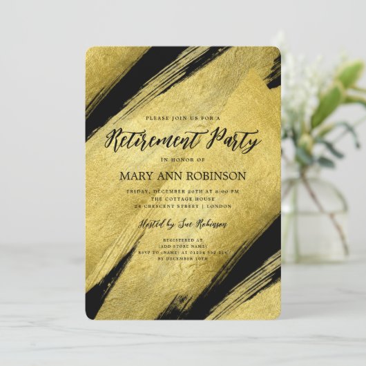 Elegant Script Gold Brush Retirement Party Kaart (Staand voorkant)
