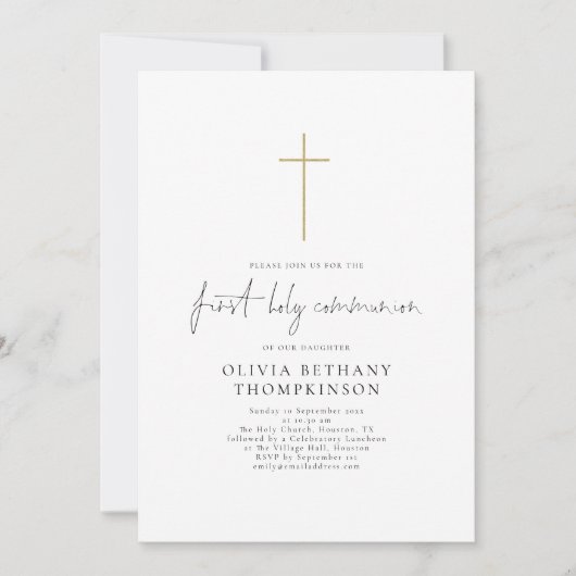 Elegant Script Gold Cross Eerste Heilige Communie Kaart (Voorkant)