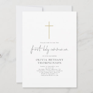 Elegant Script Gold Cross Eerste Heilige Communie Kaart