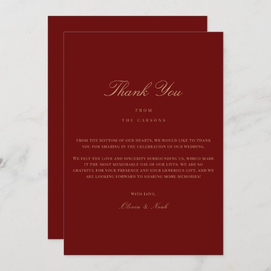 Elegant Script Gold & Deep Red bedankkaart (Voorkant / Achterkant)
