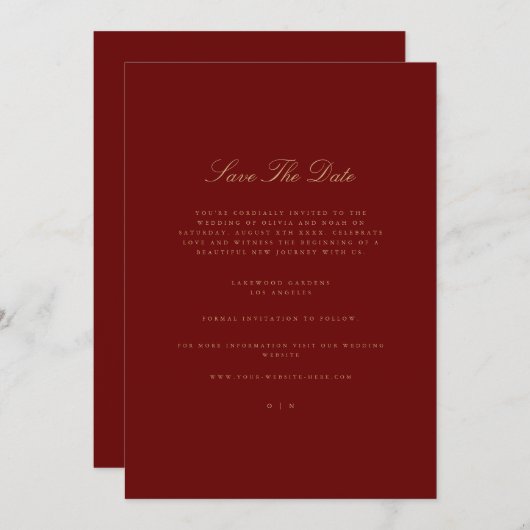 Elegant Script Gold & Deep Red Save the Date Kaart (Voorkant / Achterkant)