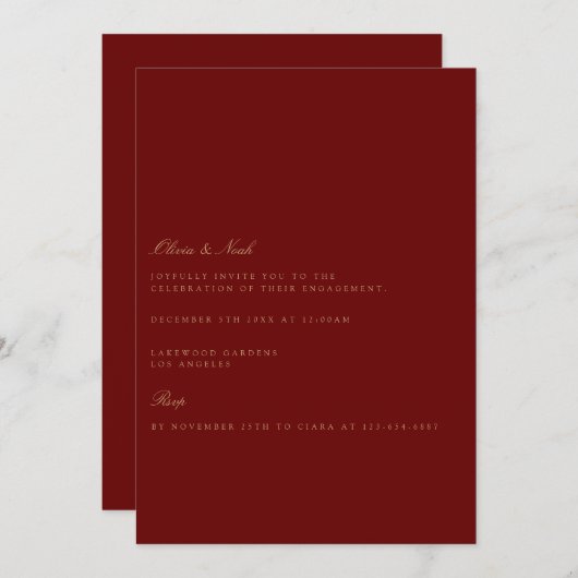 Elegant Script Gold Deep Red Verloving Invitation Kaart (Voorkant / Achterkant)