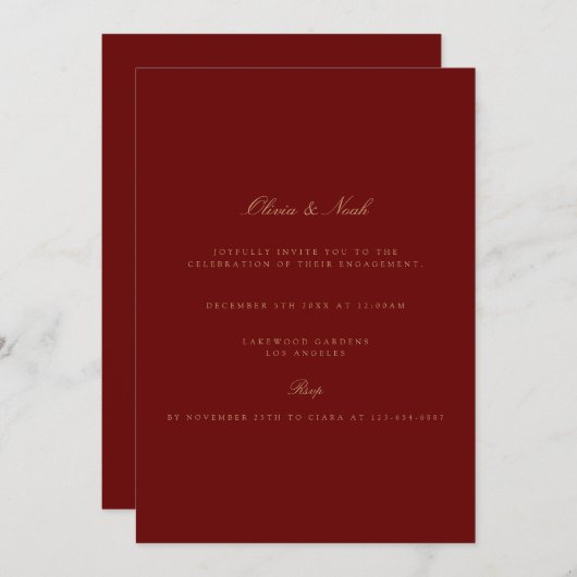 Elegant Script Gold Deep Red Verloving Invitation Kaart (Voorkant / Achterkant)