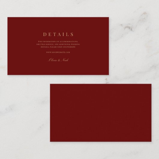 Elegant Script Gold & Deep Red Wedding Details Informatiekaartje (Voorkant / Achterkant)
