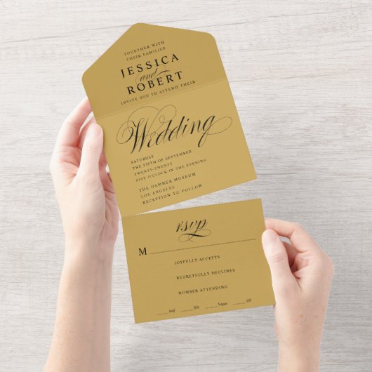 Elegant Script Gold en Black Calligraphy Wedding All In One Uitnodiging (Afscheurbaar)