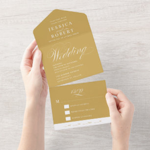 Elegant Script Gold en White Calligraphy Wedding All In One Uitnodiging