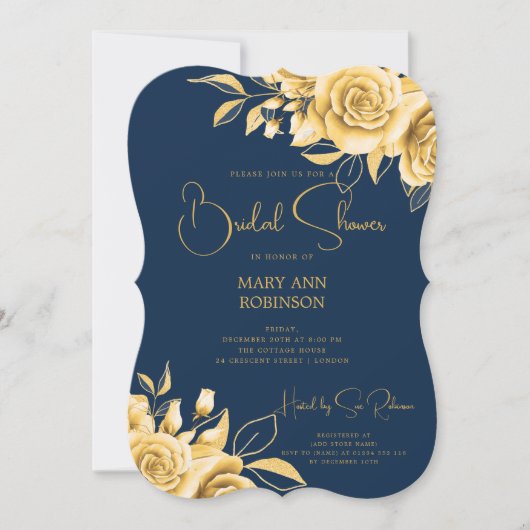 Elegant Script Gold Floral Vrijgezellenfeest Navy  Kaart (Voorkant)