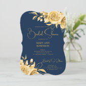 Elegant Script Gold Floral Vrijgezellenfeest Navy  Kaart (Staand voorkant)