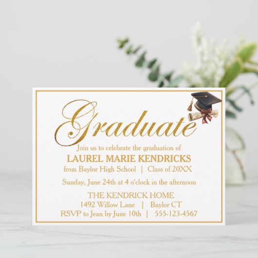 Elegant Script Gold Foil Graduation Party Kaart (Staand voorkant)
