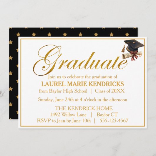 Elegant Script Gold Foil Graduation Party Kaart (Voorkant / Achterkant)