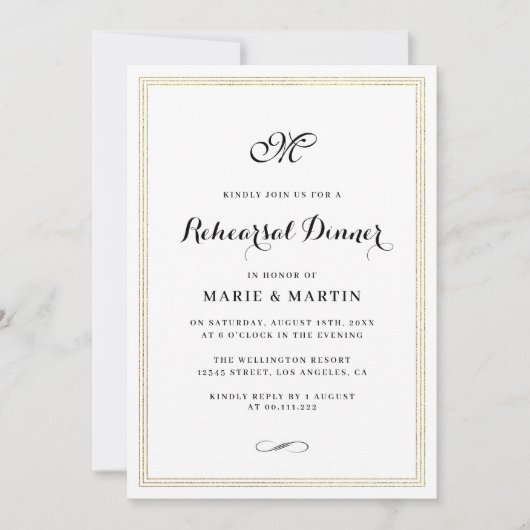 Elegant script gold foil lijst rehearings diner kaart (Voorkant)
