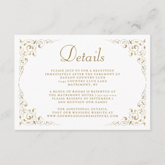 Elegant Script Gold Foliage Lijst Weddenschap Deta Informatiekaartje (Voorkant)