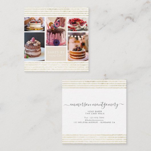 Elegant Script Gold Glitter Photo Collage Bakery Vierkante Visitekaartje (Voorkant / Achterkant)