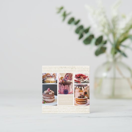 Elegant Script Gold Glitter Photo Collage Bakery Vierkante Visitekaartje (Staand voorkant)