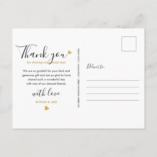 Elegant Script Gold Heart Modern Dank je Briefkaart (Achterkant)