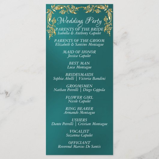 Elegant Script & Gold Leaves - Blauwgroen bruiloft Programmakaart (Achterkant)
