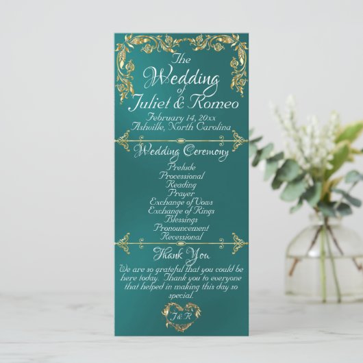 Elegant Script & Gold Leaves - Blauwgroen bruiloft Programmakaart (Staand voorkant)