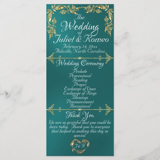 Elegant Script & Gold Leaves - Blauwgroen bruiloft Programmakaart (Voorkant)