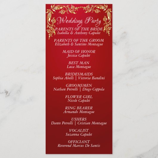 Elegant Script & Gold Leaves - Crimson Wedding Programmakaart (Achterkant)