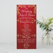 Elegant Script & Gold Leaves - Crimson Wedding Programmakaart (Staand voorkant)