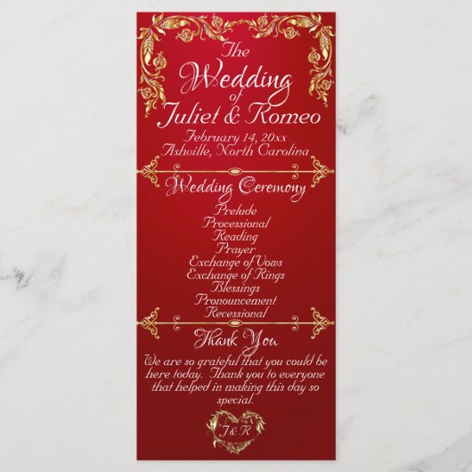 Elegant Script & Gold Leaves - Crimson Wedding Programmakaart (Voorkant)