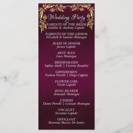 Elegant Script & Gold Leaves - Paarse bruiloft Programmakaart (Achterkant)