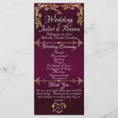 Elegant Script & Gold Leaves - Paarse bruiloft Programmakaart (Voorkant)