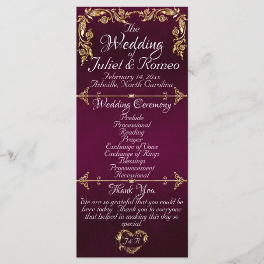 Elegant Script & Gold Leaves - Paarse bruiloft Programmakaart (Voorkant)