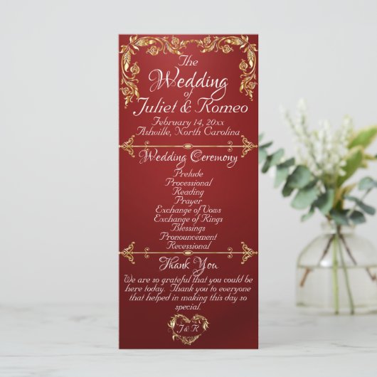 Elegant Script & Gold Leaves - Ruby Wedding Programmakaart (Staand voorkant)
