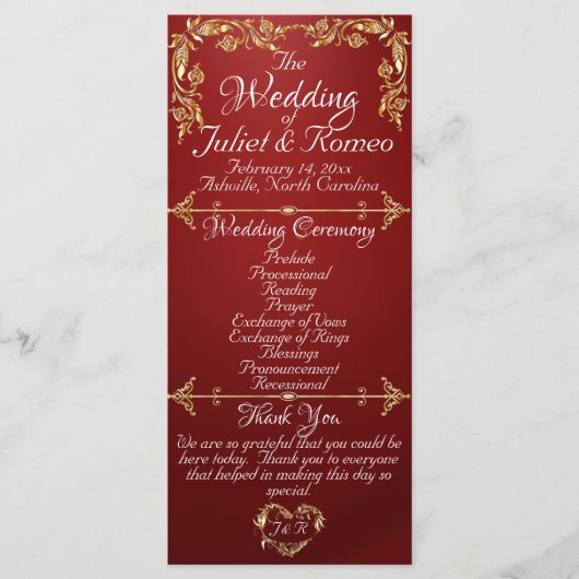 Elegant Script & Gold Leaves - Ruby Wedding Programmakaart (Voorkant)