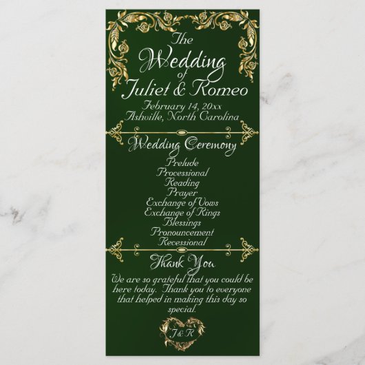 Elegant Script & Gold Leaves - Smaragdgroene bruil Programmakaart (Voorkant)