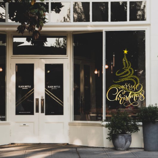 Elegant Script Gold Merry Christmas Tree Business Raamsticker
