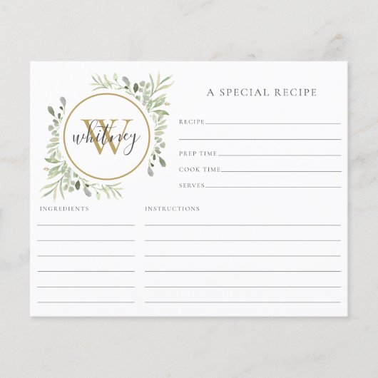 Elegant Script Gold Monogram Greenery Recipcard (Voorkant)