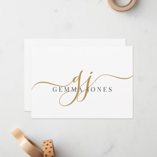 Elegant Script Gold Monogram Initialen Naam Notitiekaartje (Voorkant / Achterkant in situ)