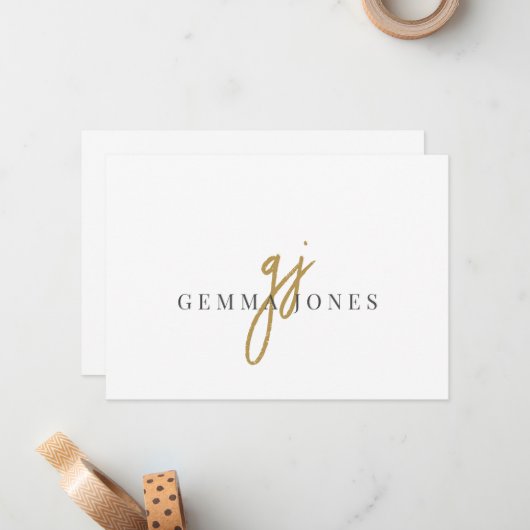 Elegant Script Gold Monogram Initialen Naam Notitiekaartje (Voorkant / Achterkant in situ)