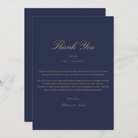 Elegant Script Gold & Navy Dankkaart Bedankkaart (Voorkant / Achterkant)
