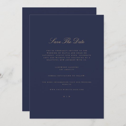 Elegant Script Gold & Navy Save The Date Kaart (Voorkant / Achterkant)