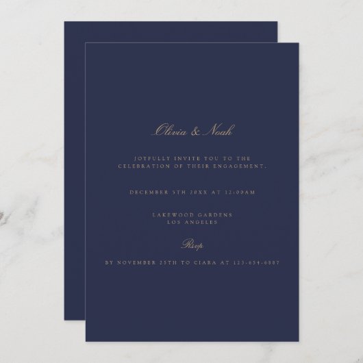 Elegant Script Gold & Navy Verloving Invitation Kaart (Voorkant / Achterkant)