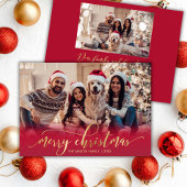Elegant Script Gold Script Red 2 Photo Christmas Feestdagenkaart