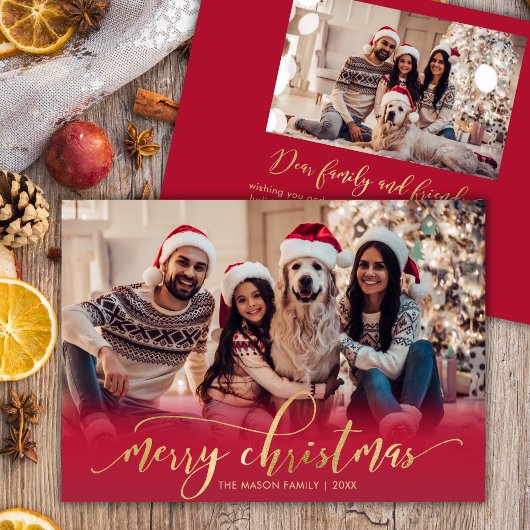 Elegant Script Gold Script Red 2 Photo Christmas Feestdagenkaart