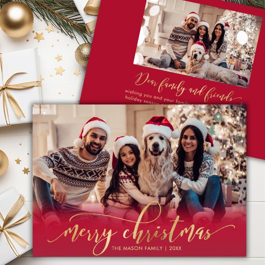 Elegant Script Gold Script Red 2 Photo Christmas Feestdagenkaart
