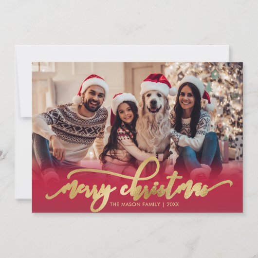 Elegant Script Gold Script Red 2 Photo Christmas Feestdagenkaart (Voorkant)