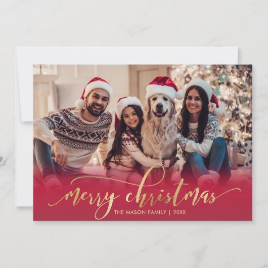 Elegant Script Gold Script Red One Photo Christmas Feestdagenkaart (Voorkant)