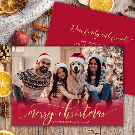 Elegant Script Gold Script Red One Photo Christmas Feestdagenkaart