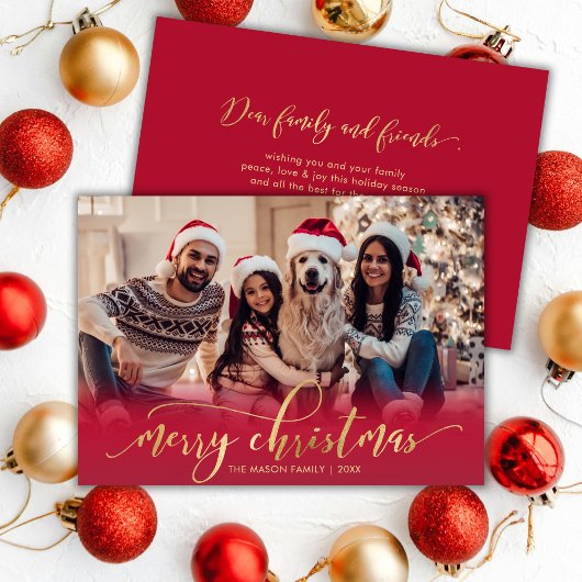 Elegant Script Gold Script Red One Photo Christmas Feestdagenkaart