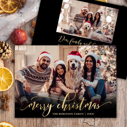 Elegant Script Gold Script Zwart 2 Foto Kerstmis Feestdagenkaart