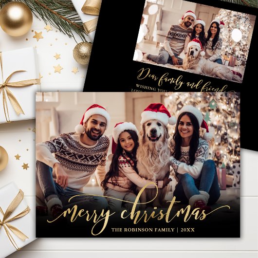 Elegant Script Gold Script Zwart 2 Foto Kerstmis Feestdagenkaart