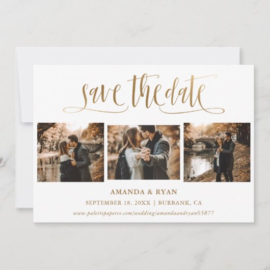 Elegant Script Gold Wedding 4 Foto slaat de datum Save The Date (Voorkant)