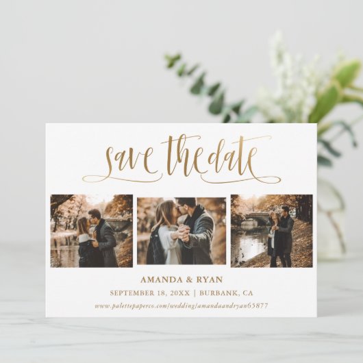 Elegant Script Gold Wedding 4 Foto slaat de datum Save The Date (Staand voorkant)